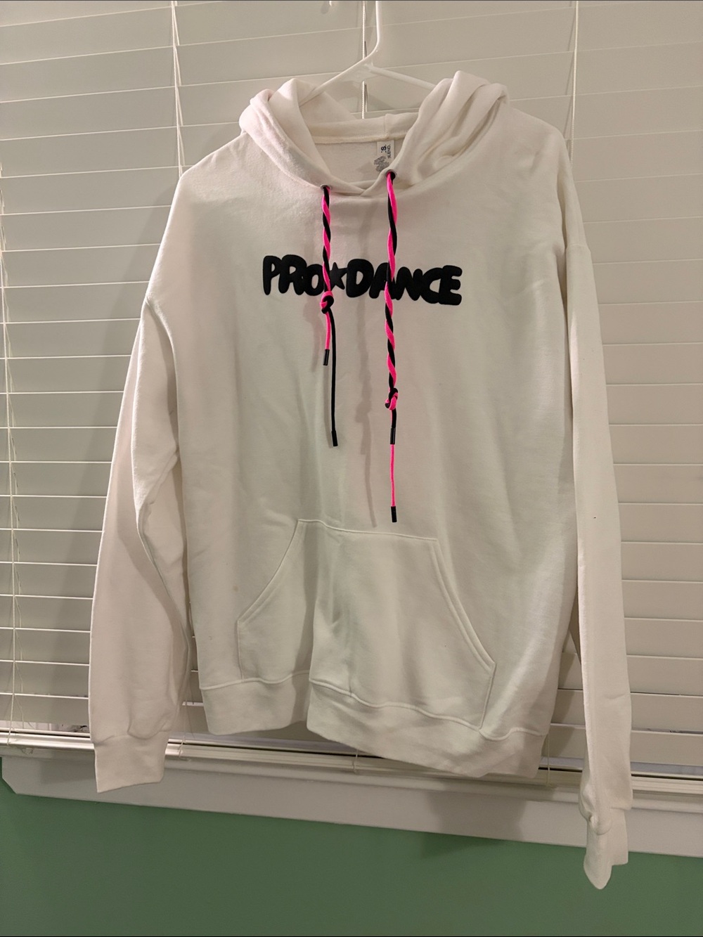 Jerzees White Hoodie with Black Logo and Pink/Black Drawstrings
